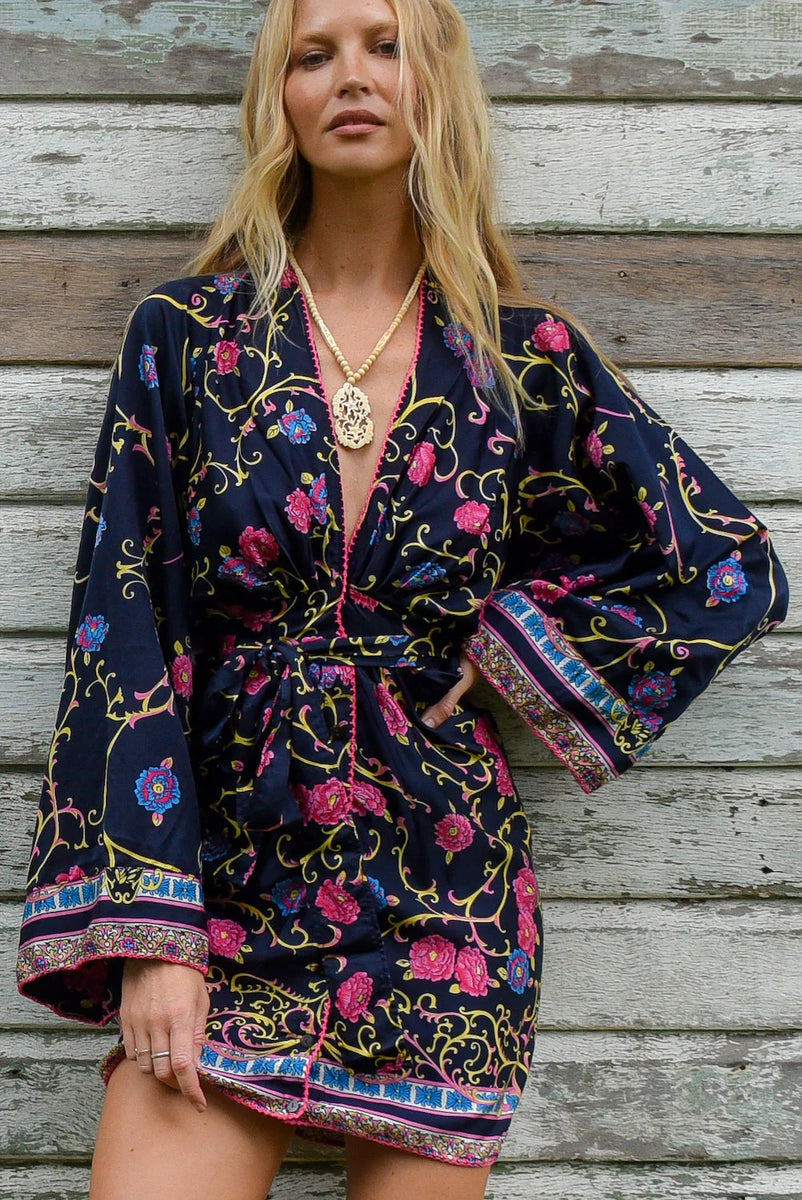 Waiting For The Thunder Silk Satin Kimono Sleeve Mini Dress - Baroque Floral - Chasing Unicorns