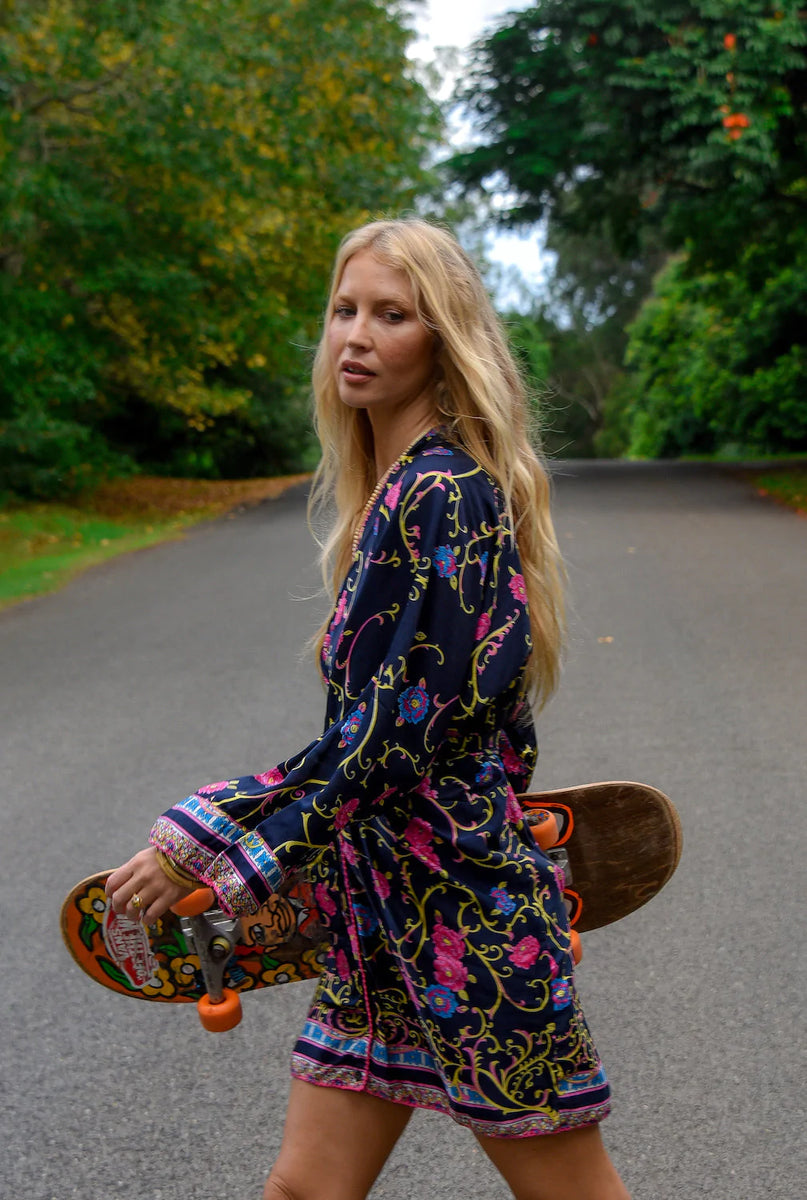 Waiting For The Thunder Silk Satin Kimono Sleeve Mini Dress - Baroque Floral - Chasing Unicorns