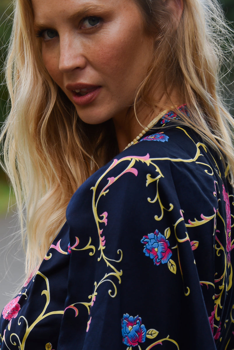 Waiting For The Thunder Silk Satin Kimono Sleeve Mini Dress - Baroque Floral - Chasing Unicorns