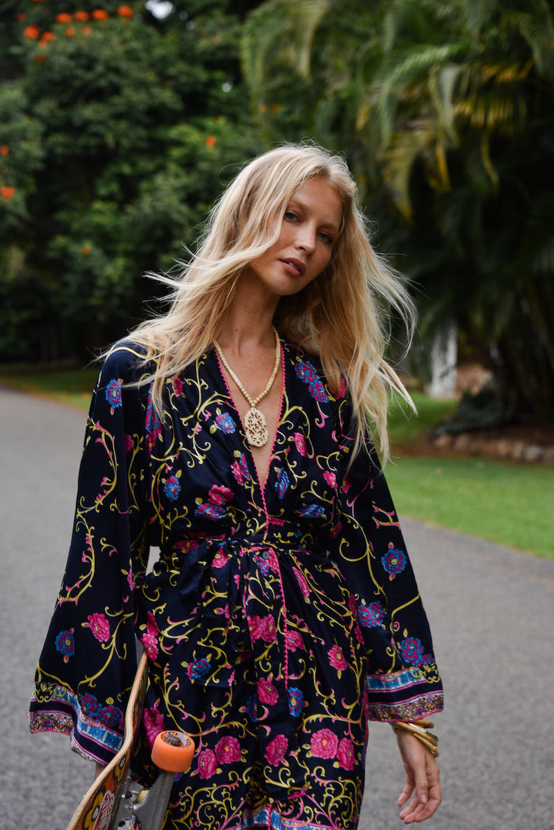 Waiting For The Thunder Silk Satin Kimono Sleeve Mini Dress - Baroque Floral - Chasing Unicorns