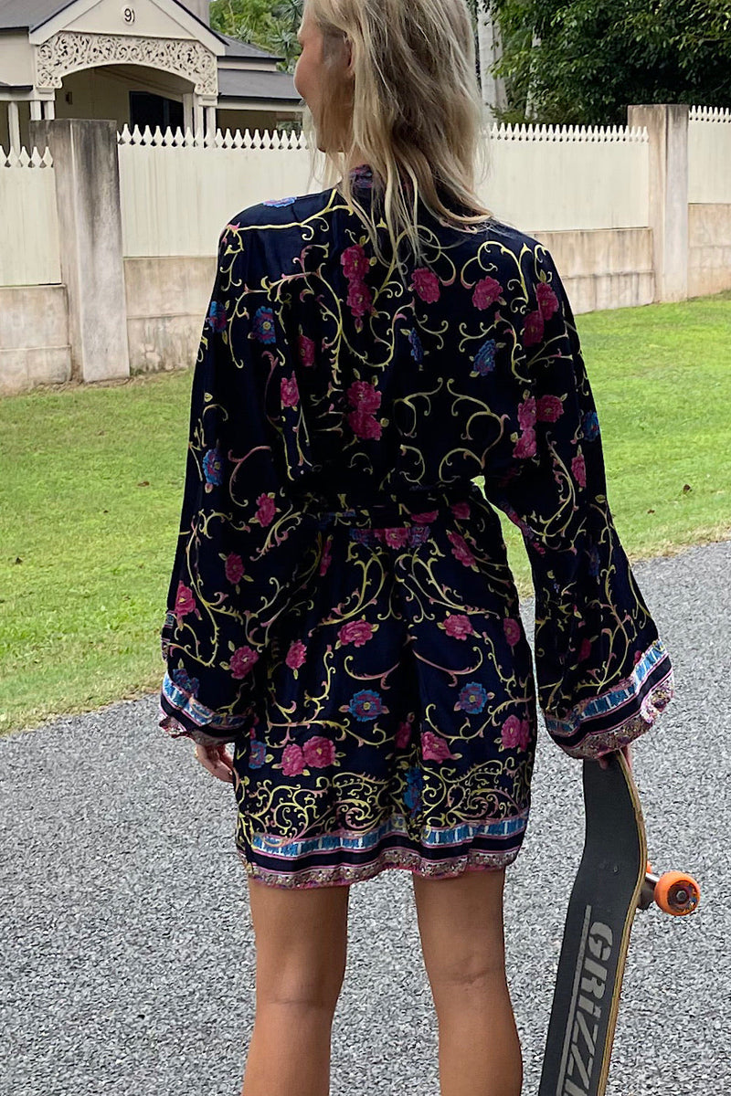 Waiting For The Thunder Silk Satin Kimono Sleeve Mini Dress - Baroque Floral - Chasing Unicorns