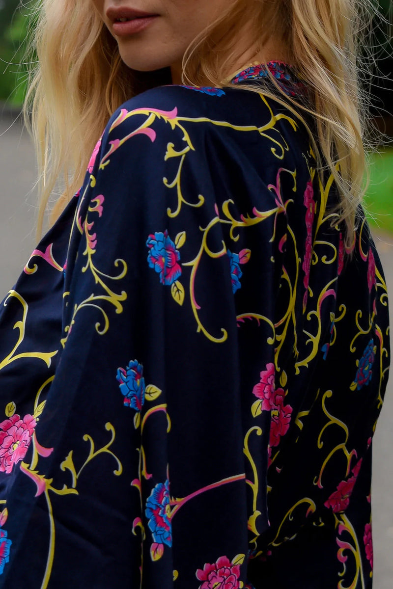 Waiting For The Thunder Silk Satin Kimono Sleeve Mini Dress - Baroque Floral - Chasing Unicorns