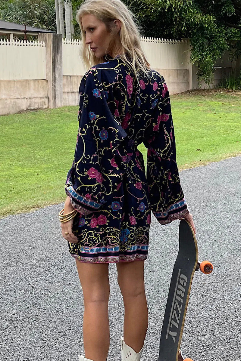 Waiting For The Thunder Silk Satin Kimono Sleeve Mini Dress - Baroque Floral - Chasing Unicorns
