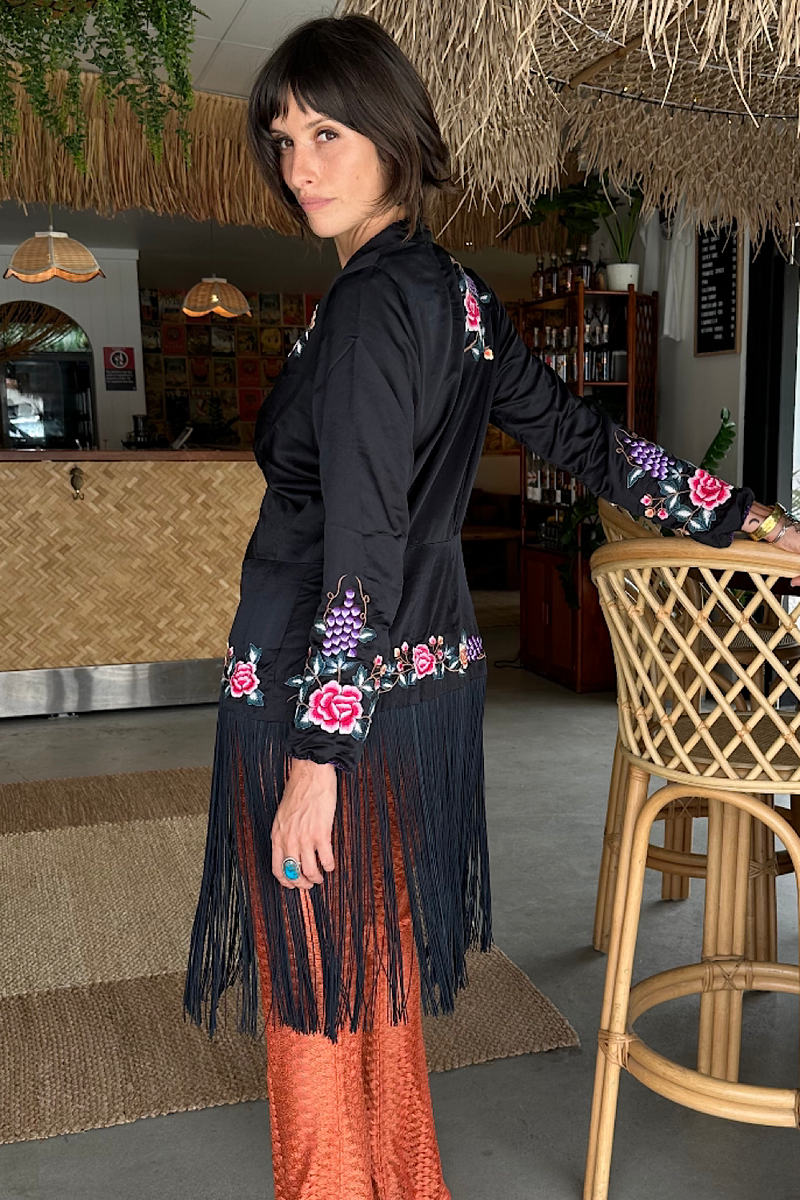 Wandering Eye Silk + Embroidered Fringe Jacket - Chasing Unicorns