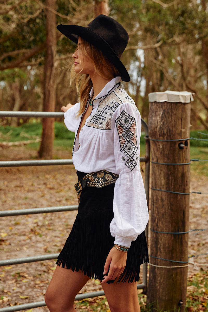 Well All Right Textural Cotton Cutwork Embroidered Poet Sleeve Blouse - Chasing Unicorns