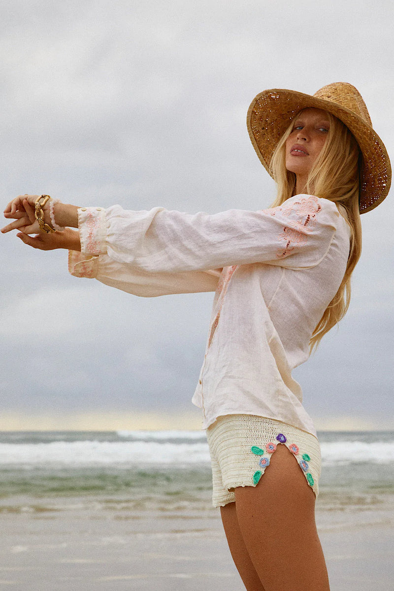 White Sands Linen Cutwork Embroidered Blouse - Chasing Unicorns