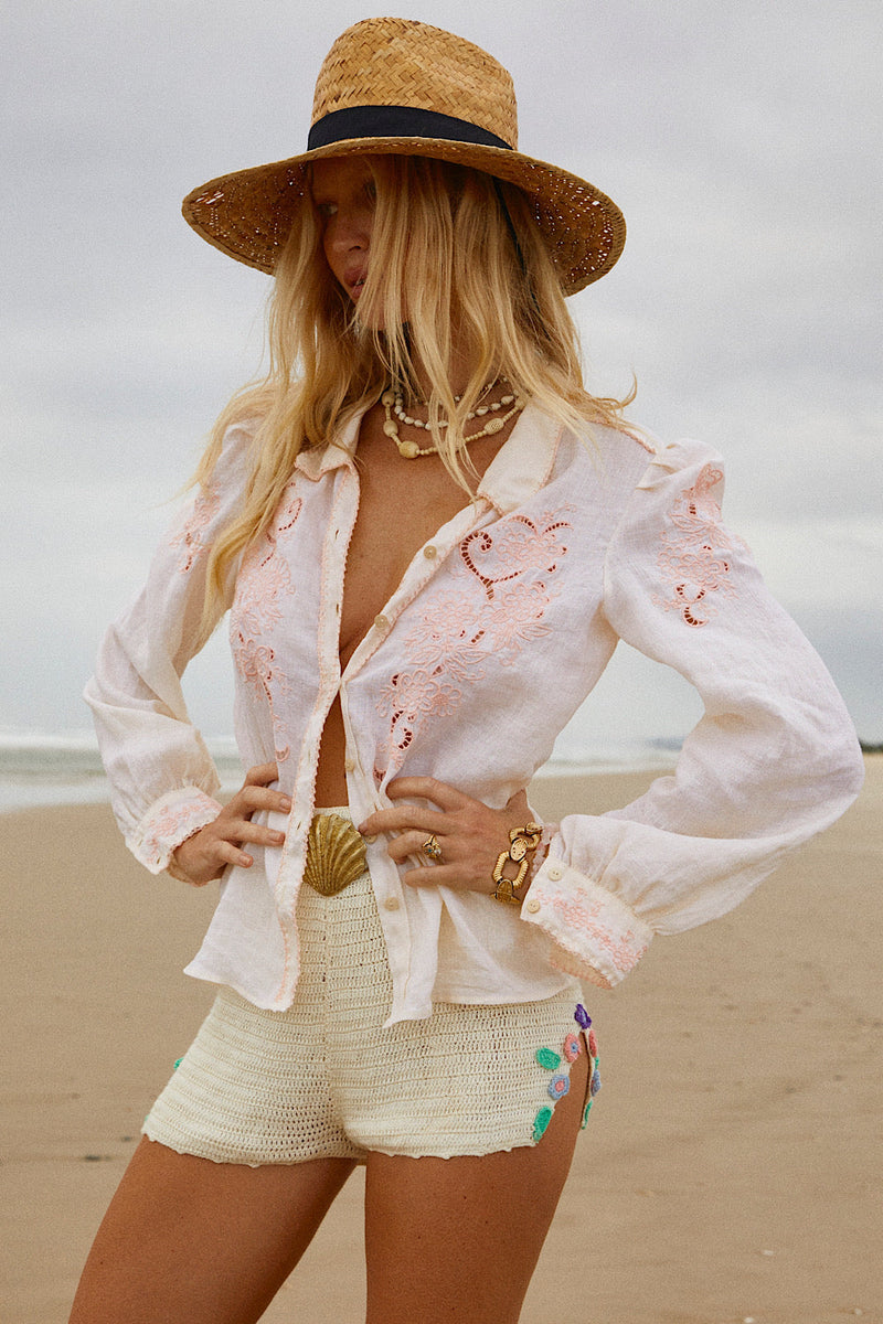 White Sands Linen Cutwork Embroidered Blouse - Chasing Unicorns