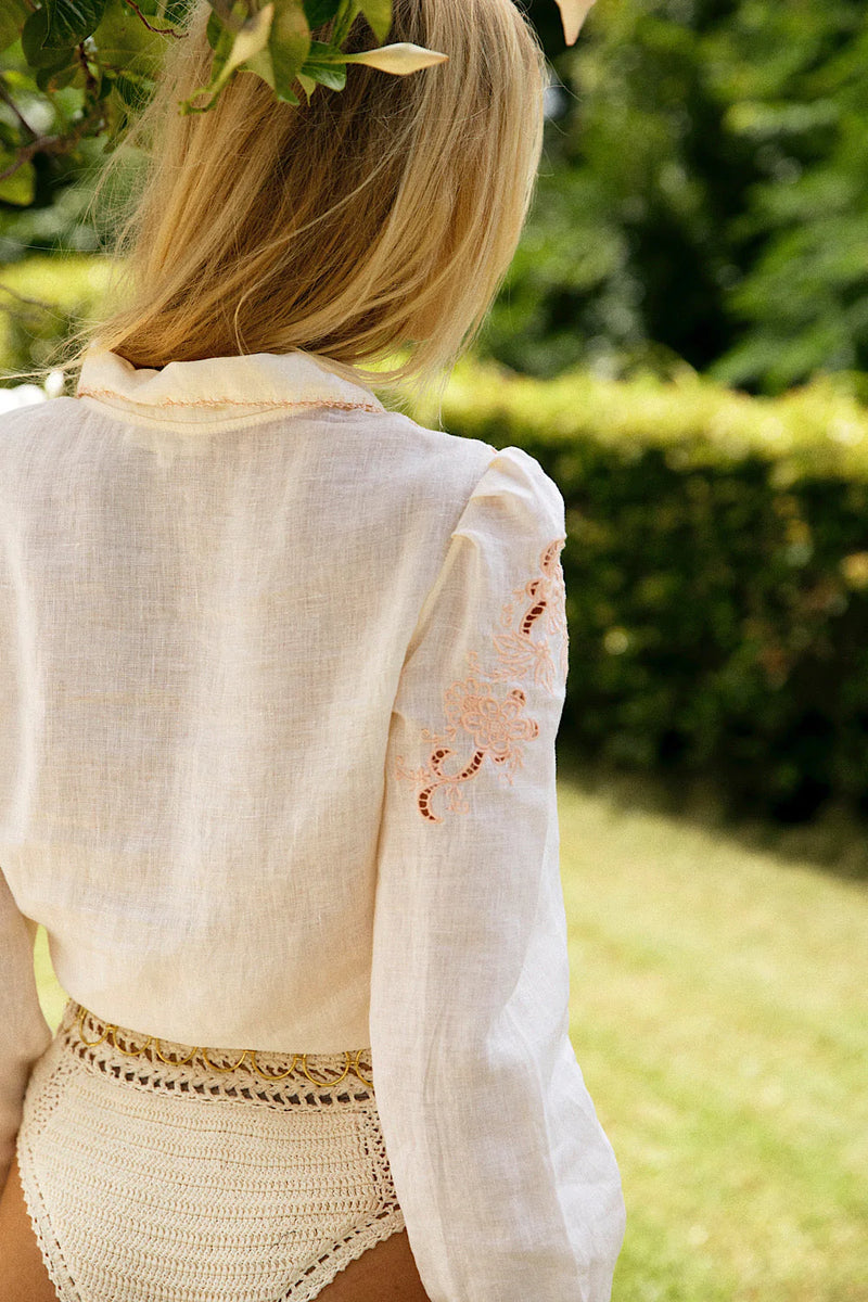 White Sands Linen Cutwork Embroidered Blouse - Chasing Unicorns