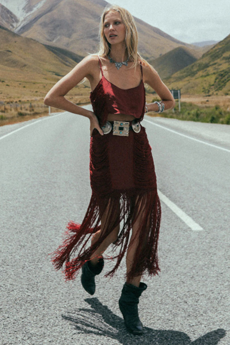 Wild And Free Silk Fringe Skirt - Port - Chasing Unicorns