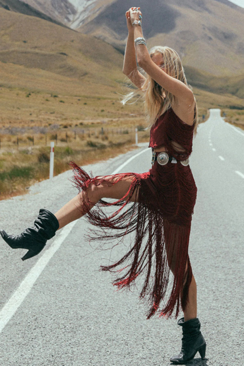 Wild And Free Silk Fringe Skirt - Port - Chasing Unicorns