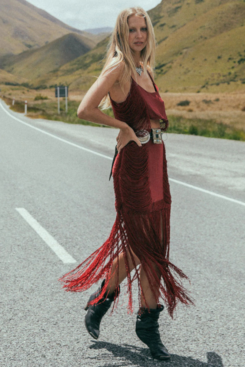 Wild And Free Silk Fringe Skirt - Port - Chasing Unicorns