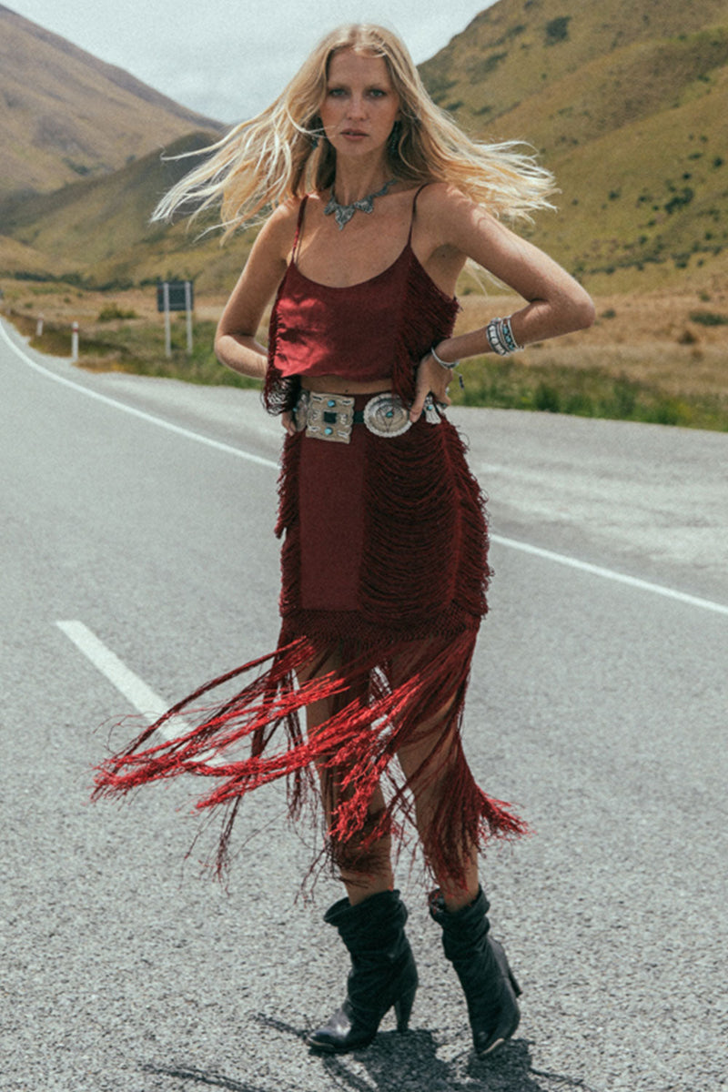 Wild And Free Silk Fringe Skirt - Port - Chasing Unicorns