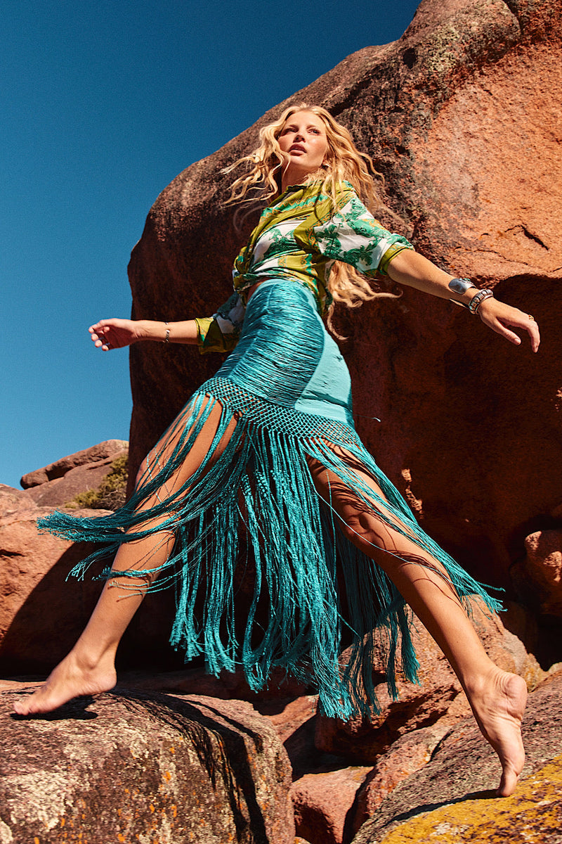 Wild And Free Silk Fringe Skirt - Turquoise - Chasing Unicorns
