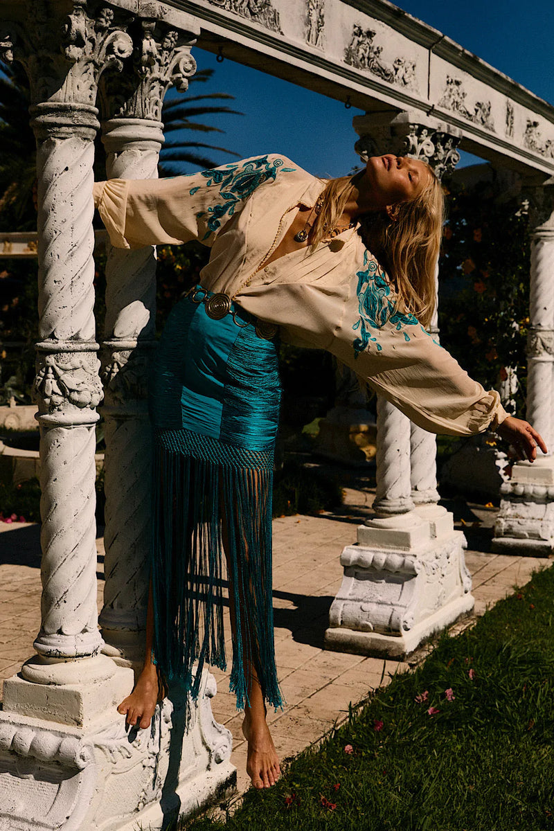Wild And Free Silk Fringe Skirt - Turquoise - Chasing Unicorns