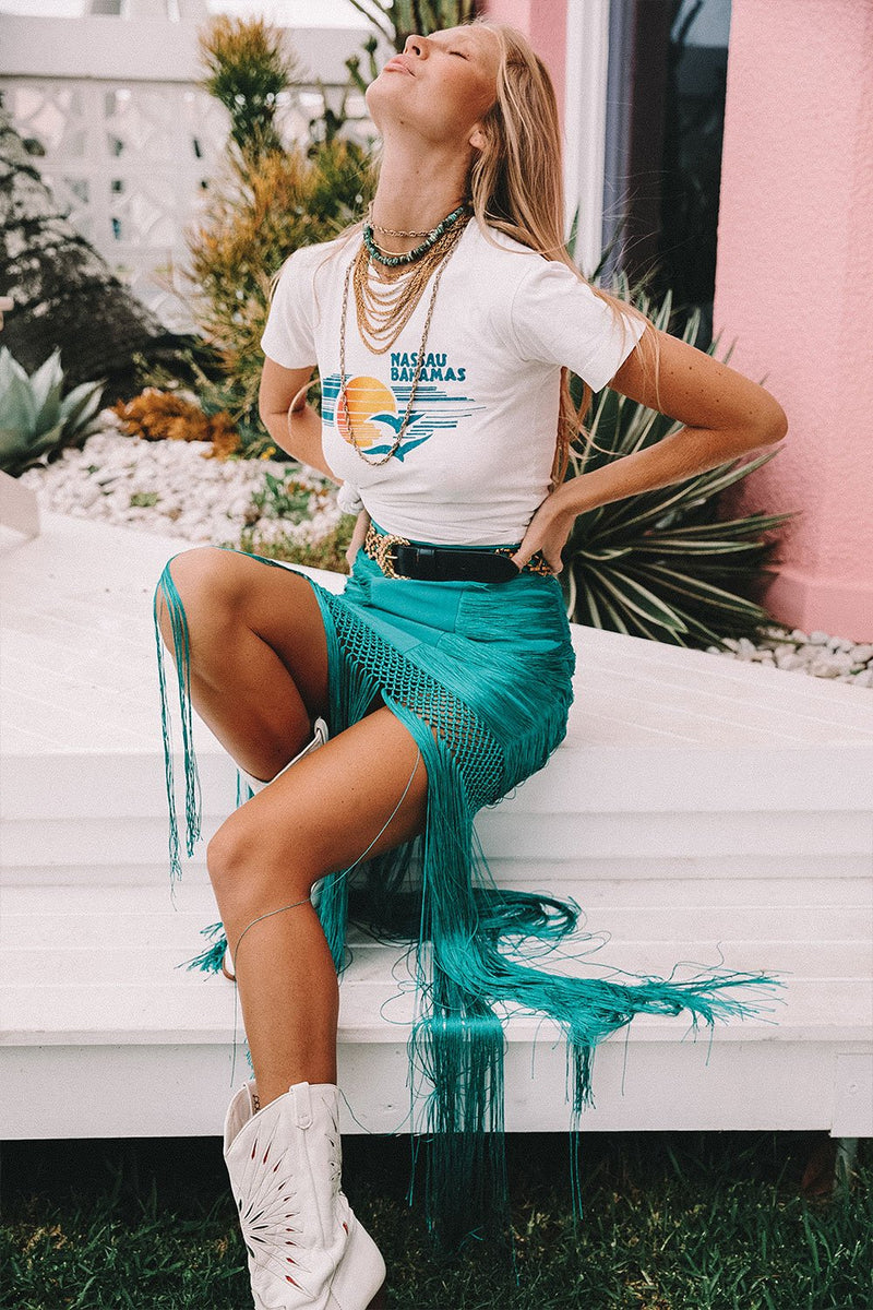 Wild And Free Silk Fringe Skirt - Turquoise - Chasing Unicorns