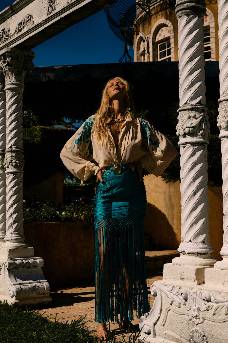 Wild And Free Silk Fringe Skirt - Turquoise - Chasing Unicorns