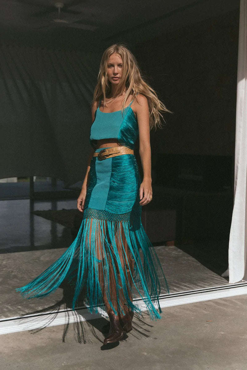 Wild And Free Silk Fringe Skirt - Turquoise - Chasing Unicorns
