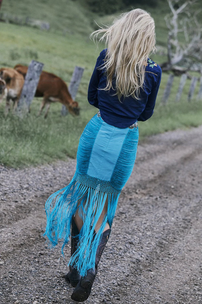 Wild And Free Silk Fringe Skirt - Turquoise - Chasing Unicorns