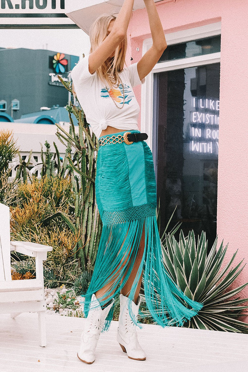 Wild And Free Silk Fringe Skirt - Turquoise - Chasing Unicorns