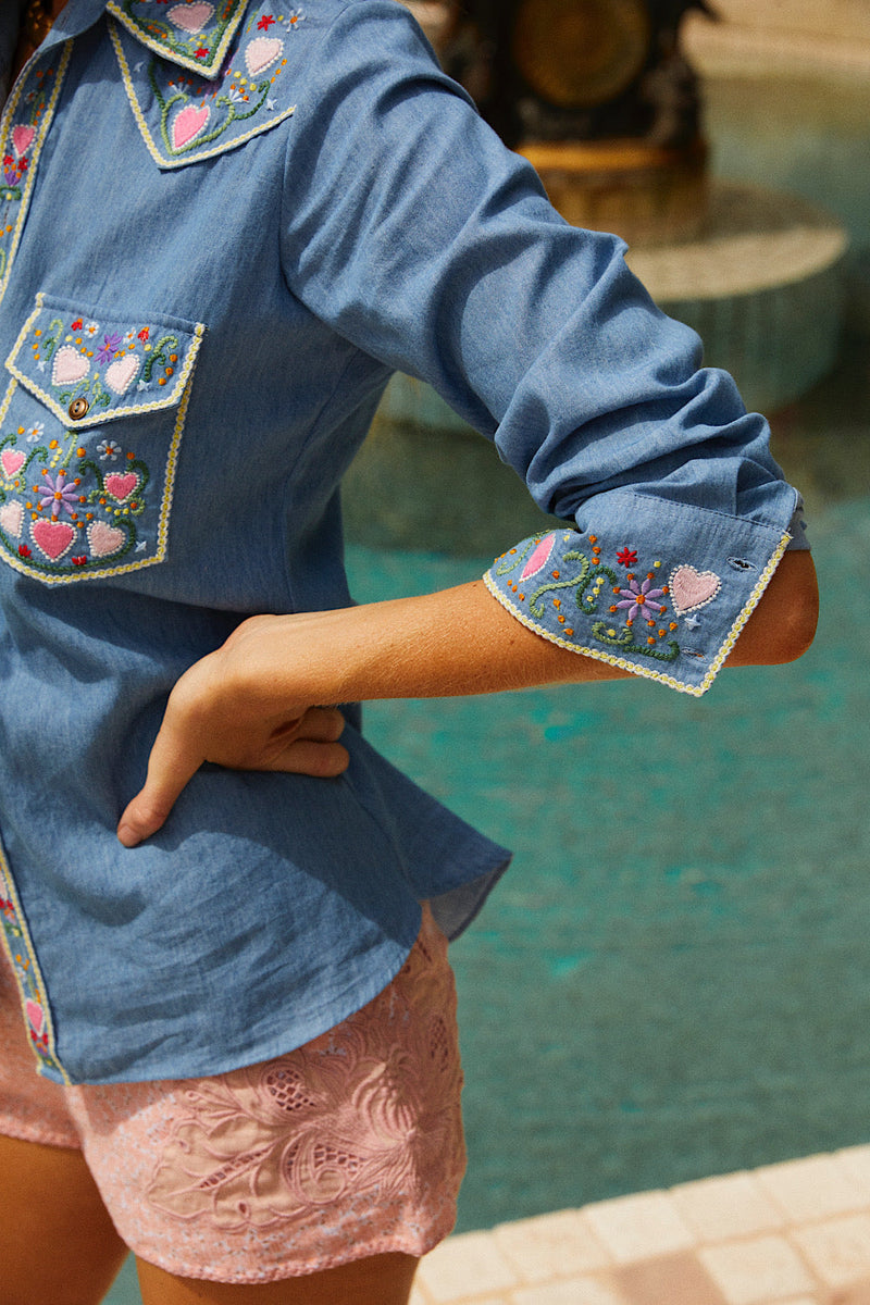 Wildflowers Chambray Embroidered Western Shirt - Chasing Unicorns