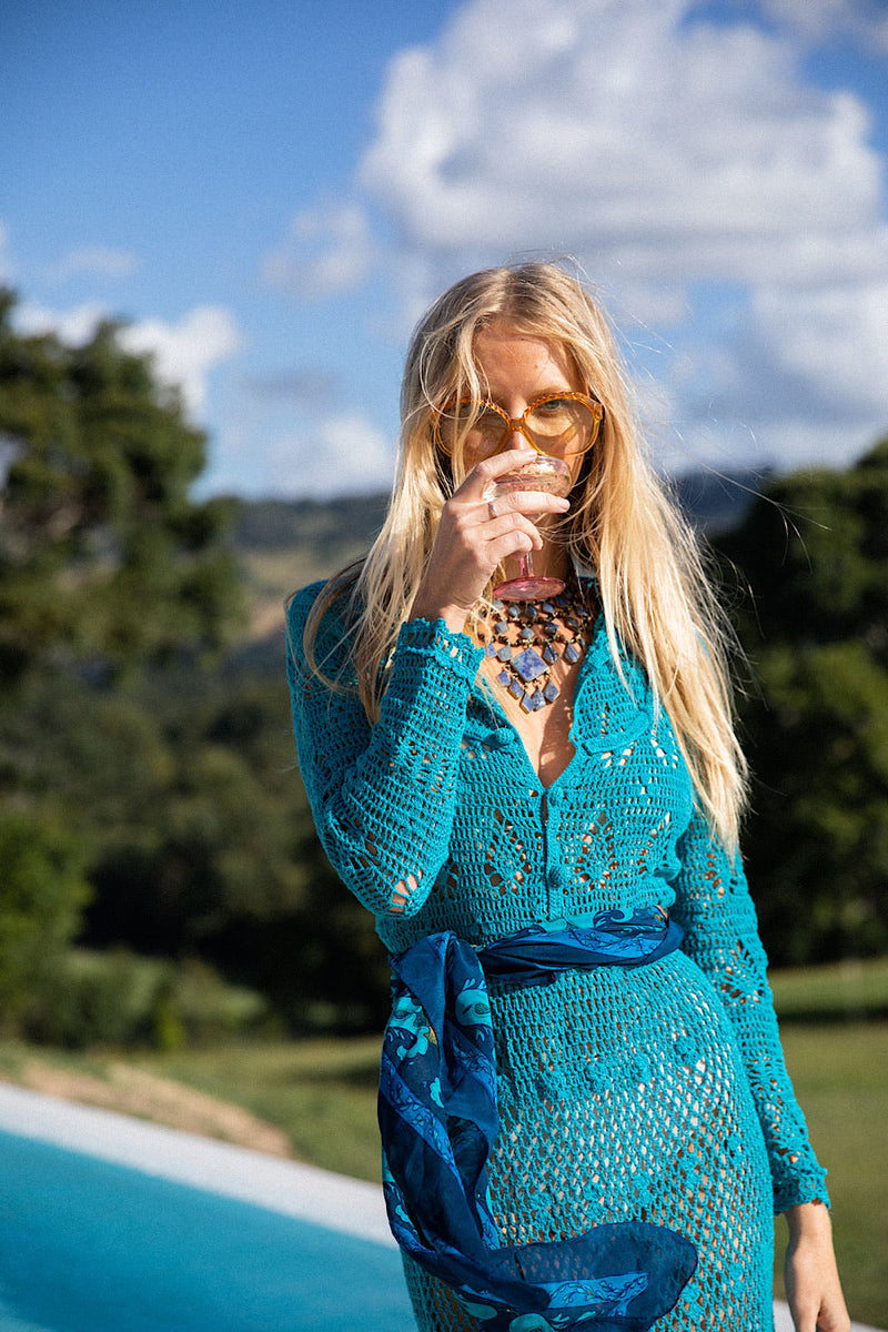 Wish You Were Here Crochet Maxi Dress - Deep Teal - Chasing Unicorns