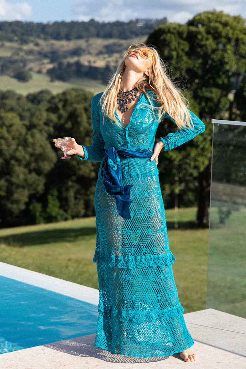 Wish You Were Here Crochet Maxi Dress - Deep Teal - Chasing Unicorns