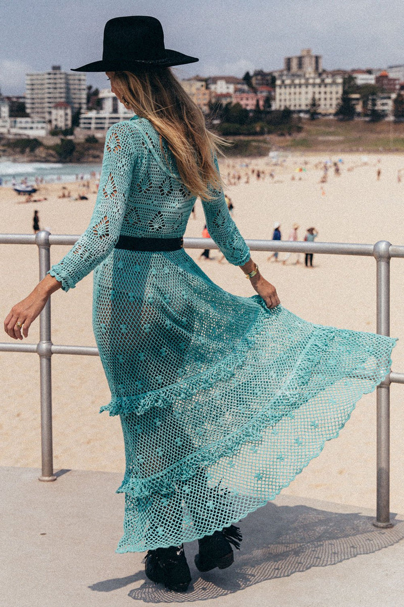 Wish You Were Here Crochet Maxi Dress - Turquoise - Chasing Unicorns