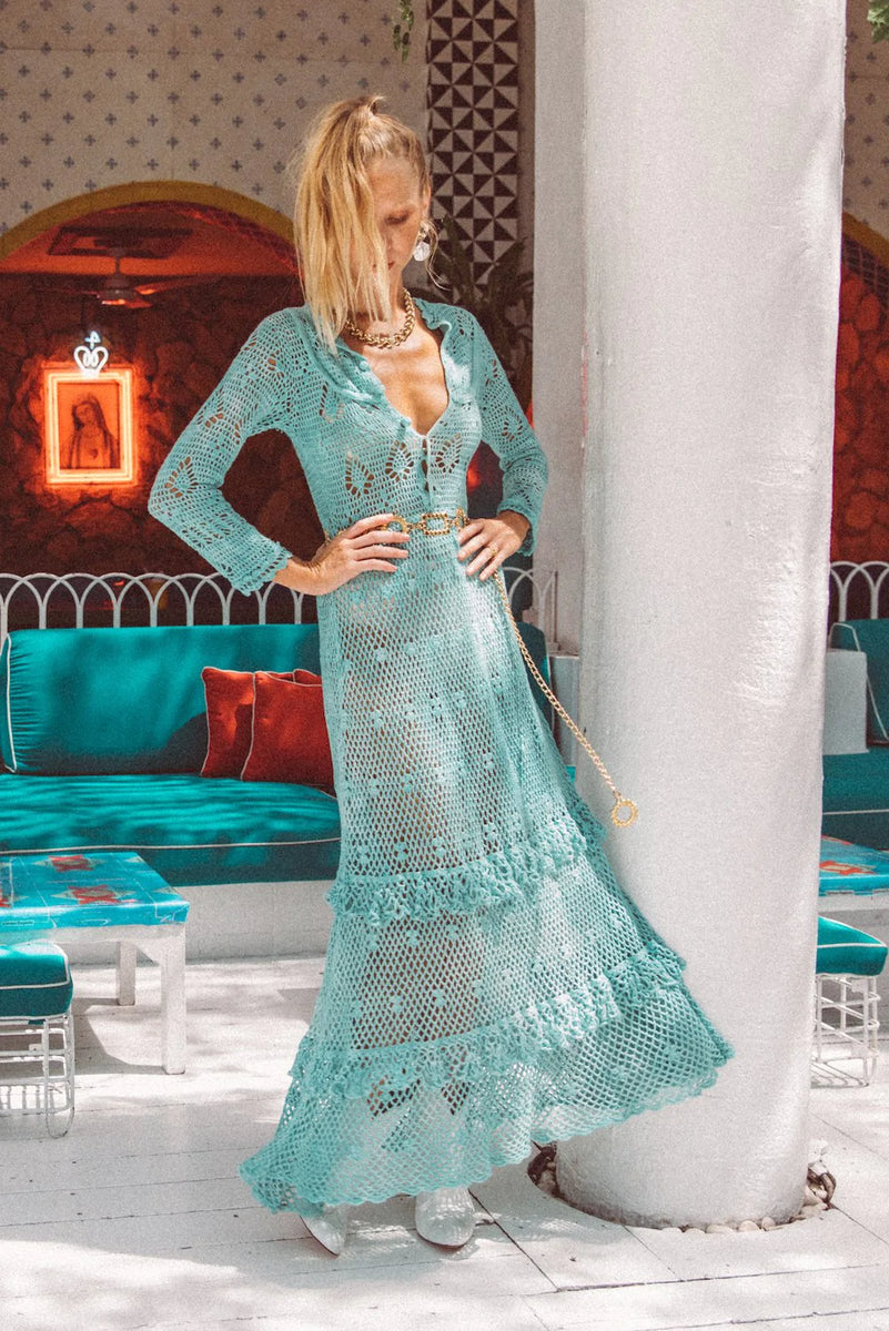 Wish You Were Here Crochet Maxi Dress - Turquoise - Chasing Unicorns
