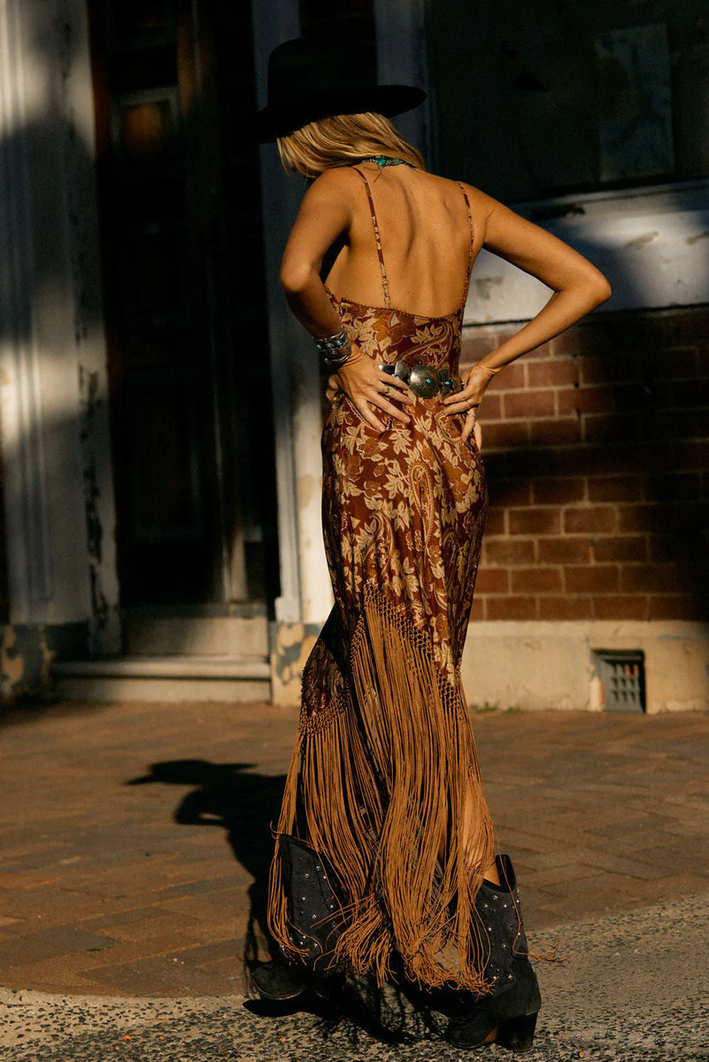 Wonderful Tonight Silk + Fringe Slip Dress - Autumn Floral Paisley - Chasing Unicorns