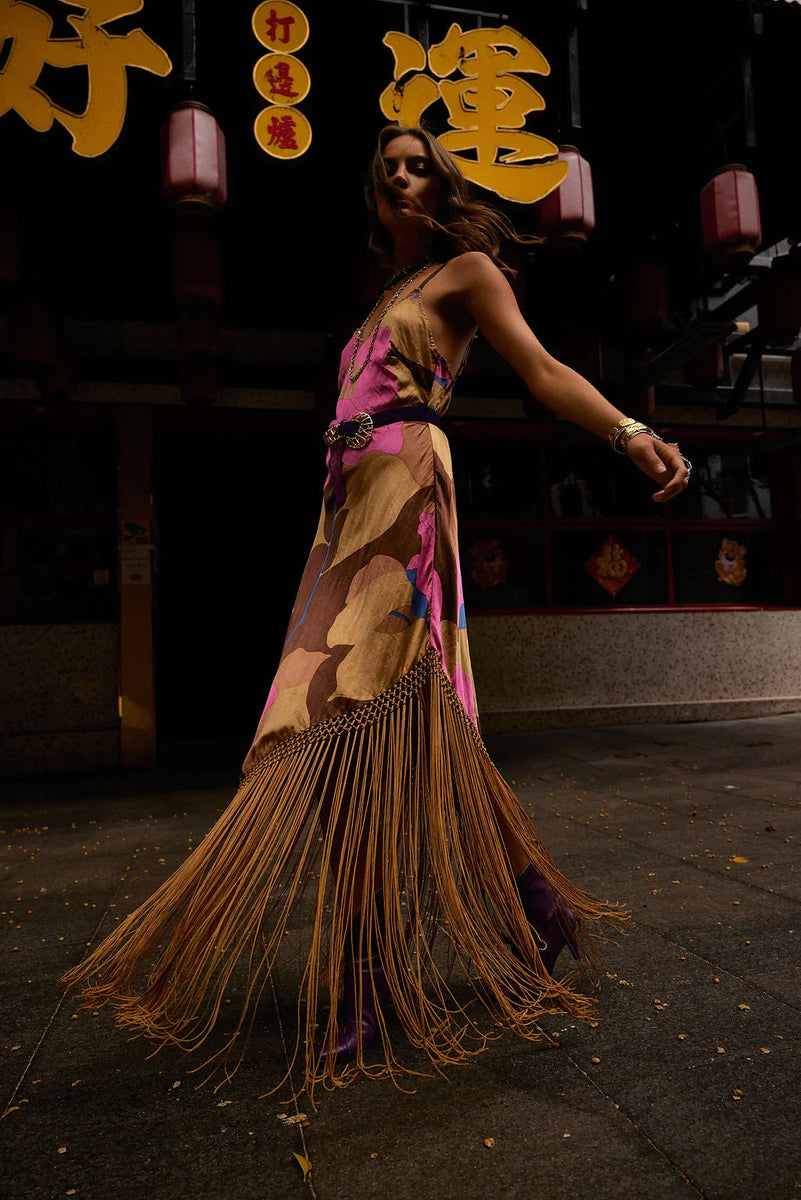 Wonderful Tonight Silk + Fringe Slip Dress - bold floral - Chasing Unicorns