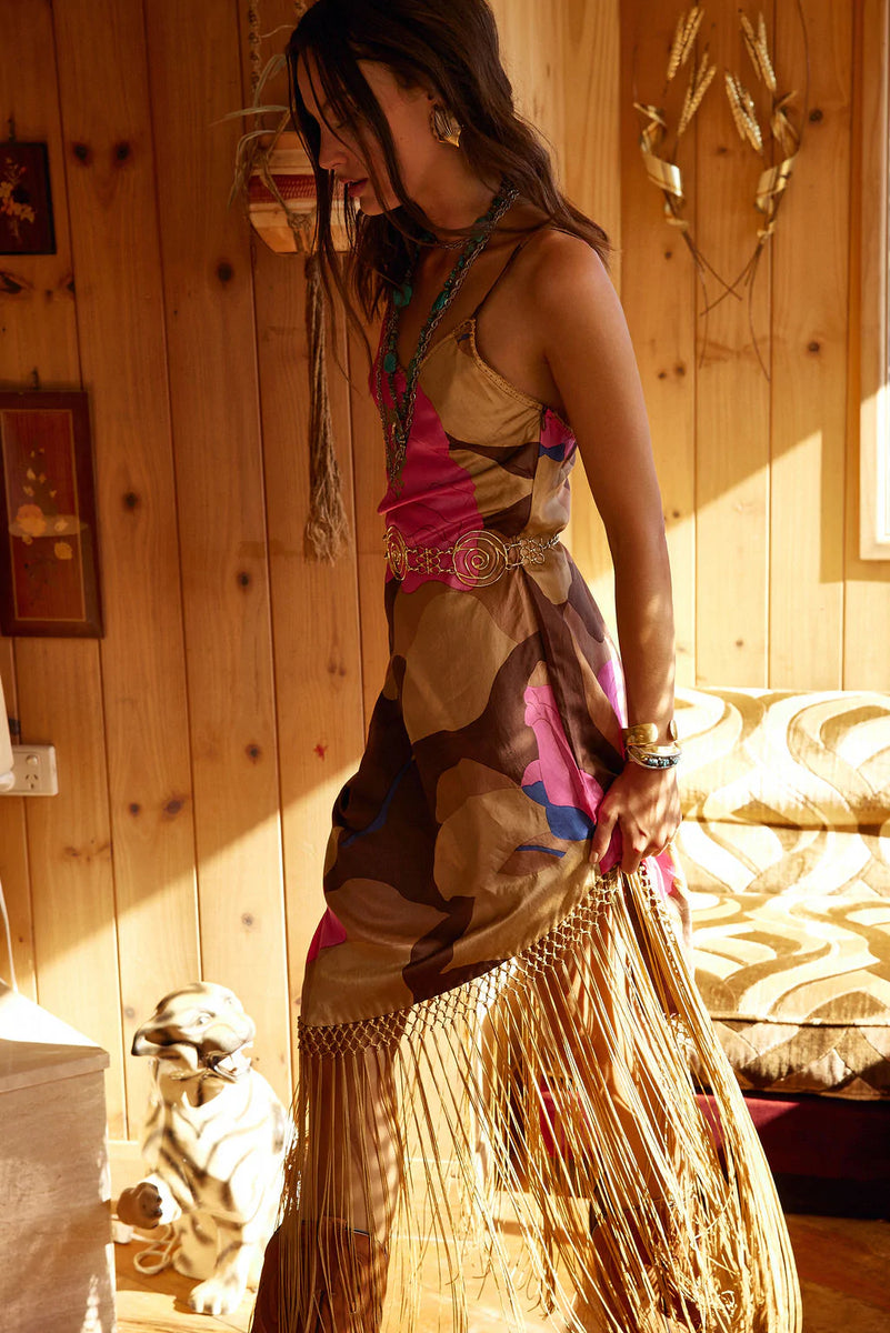 Wonderful Tonight Silk + Fringe Slip Dress - bold floral - Chasing Unicorns