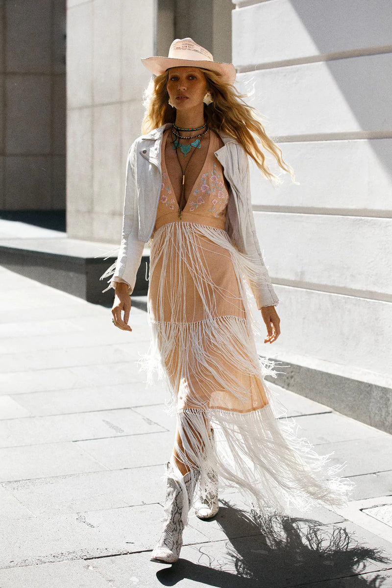 World On Fire Cotton Gauze + Fringe Embroidered Maxi Dress - Chasing Unicorns