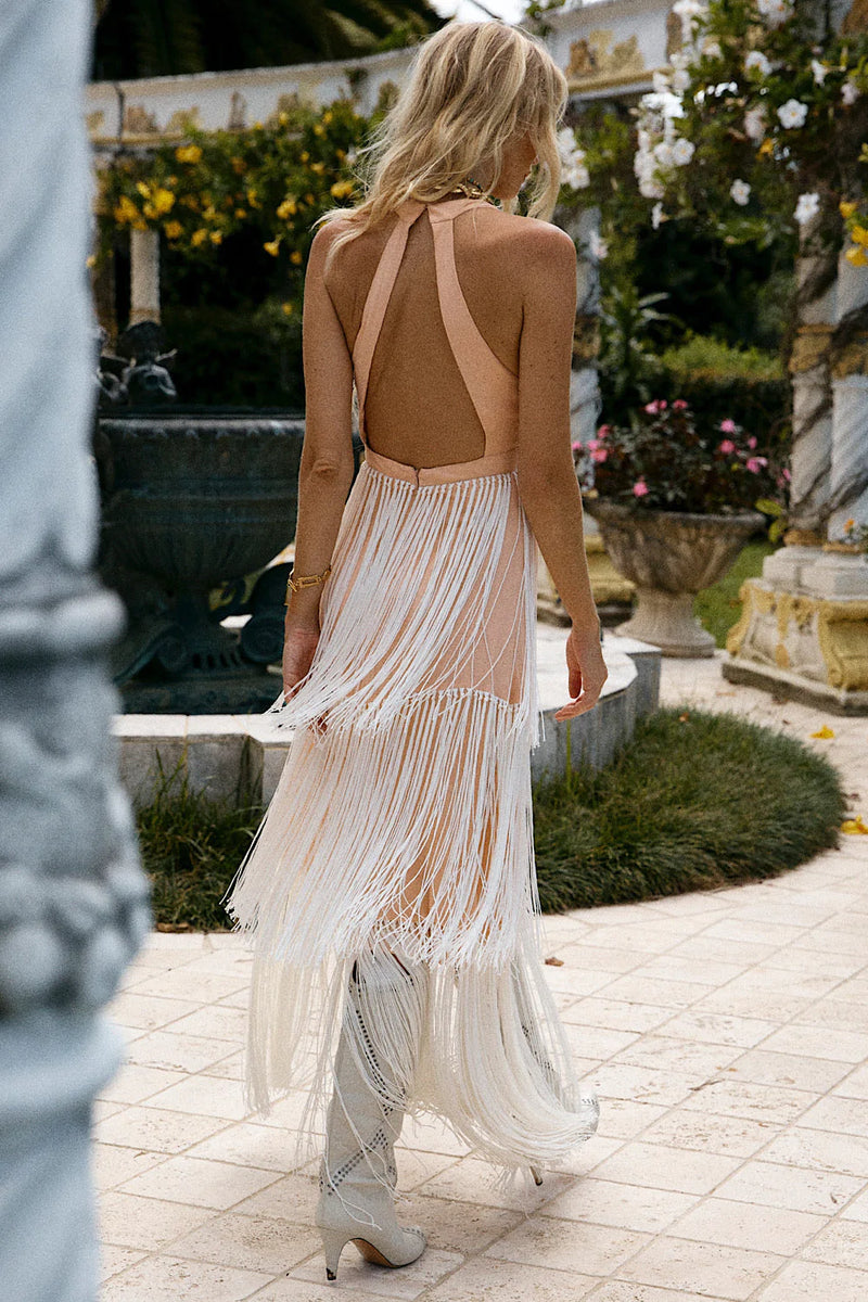 World On Fire Cotton Gauze + Fringe Embroidered Maxi Dress - Chasing Unicorns